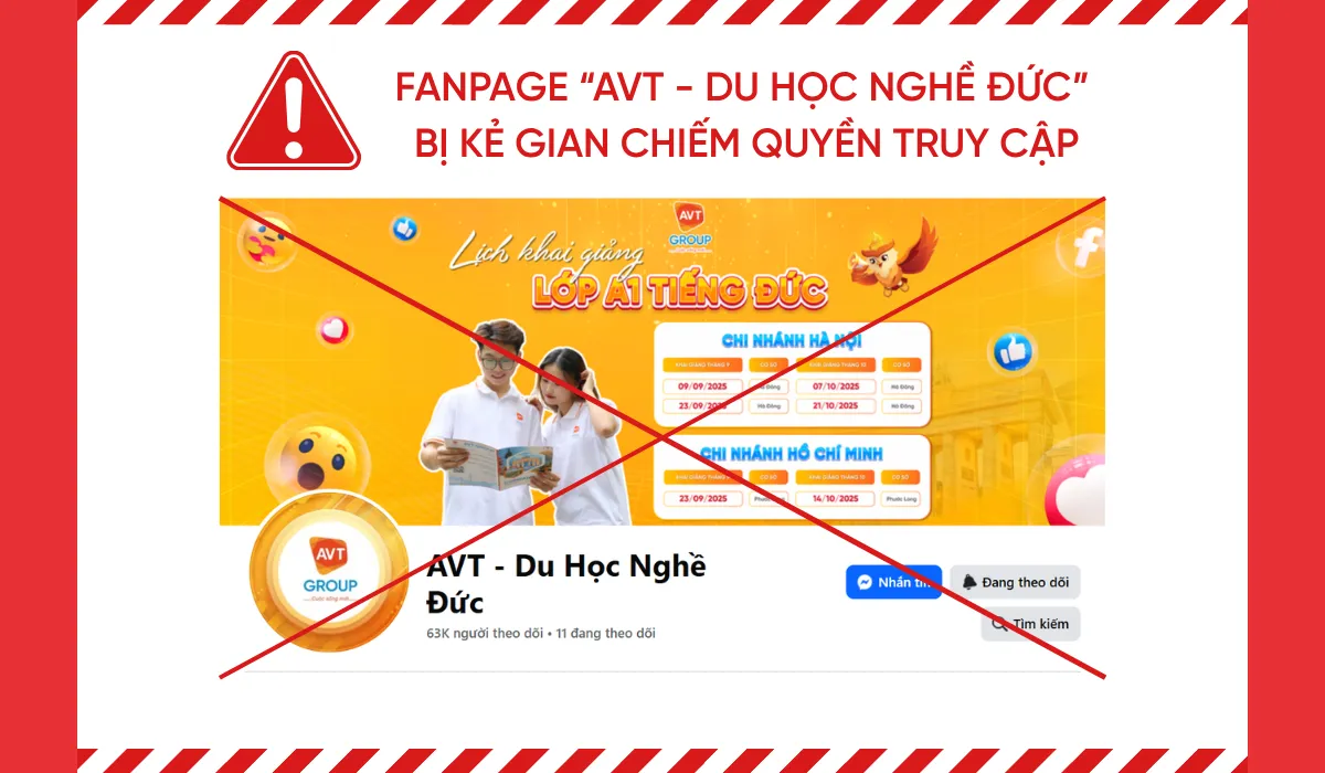THÔNG BÁO CHÍNH THỨC VỀ VIỆC FANPAGE “AVT – DU HỌC NGHỀ ĐỨC” BỊ CHIẾM QUYỀN TRUY CẬP 2 fanpage